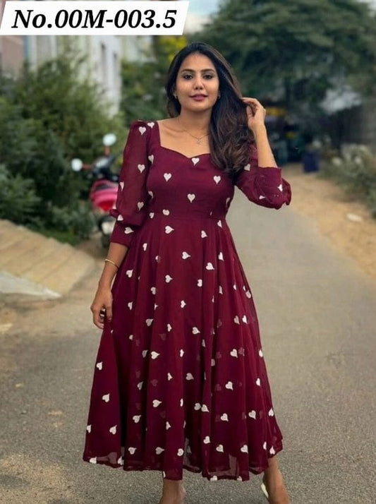 FANCY GEORGETTE EMBROIDERY WORK ONE PIECE - MARRON