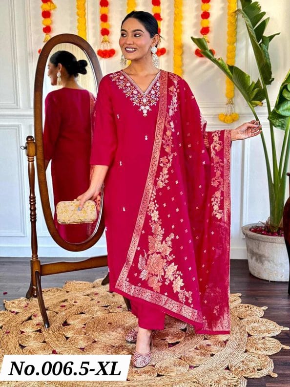 TRENDING VISCOSE CHANDERI EMBROIDERY WORK TOP BOTTOM WITH DUPPATTA - PINK