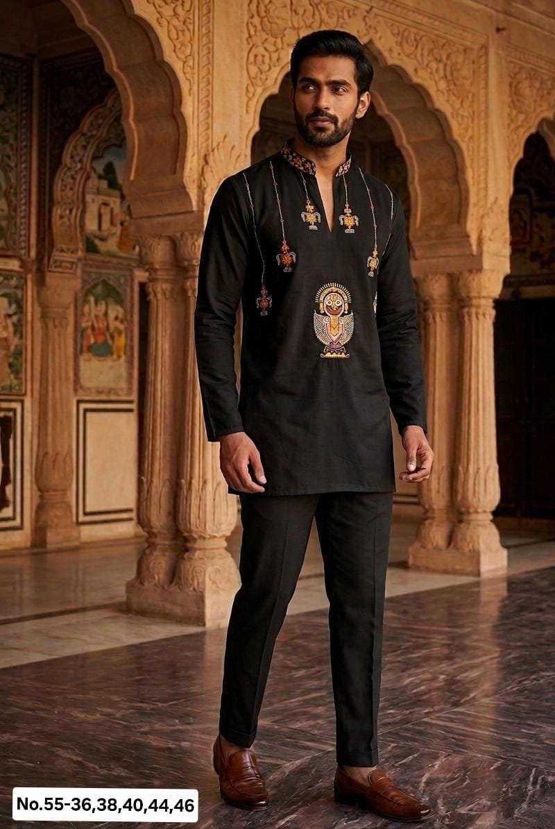 MEN’S V SHAPE KURTA - BLACK