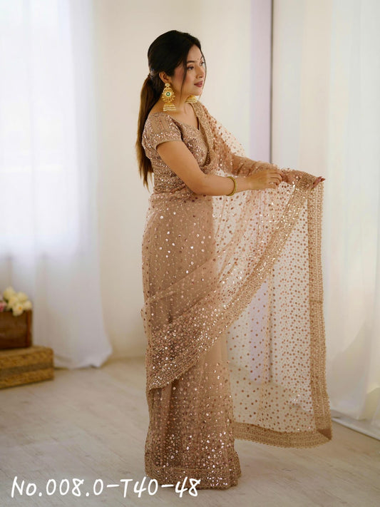 PARTY WEAR HEAVY NET SAREE WITH EMBROIDERY WITH PRE-STITCHED BLOUSE