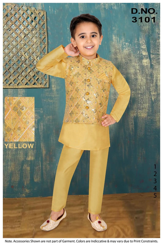 KIDS SILK  KURTA PYJAMA EMBROIDERY JACKET - YELLOW