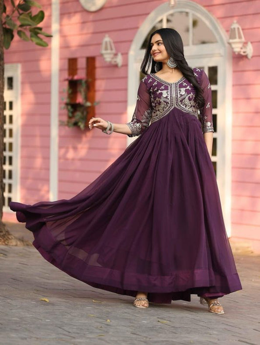 NEW ARRIVAL GEORGETTE EMBROIDERY SEQUENCE WORK GOWN FLAIRED ONLY