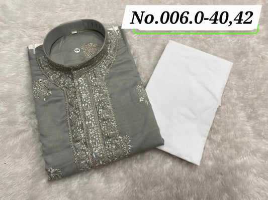MEN’S KURTA PYJAMA - REYON SOFT HEAVY SILK SEQUENCE WORK - GREY
