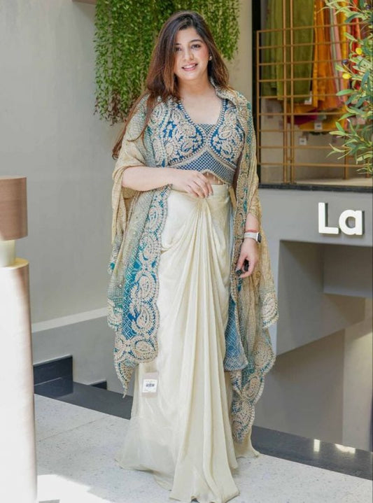 INDO WESTERN CHINON PLAIN PLEATED SKIRT BANDHANI WITH BLOUSE WITH SHRUG