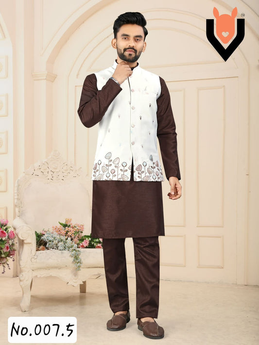 MEN’S STYLISH KURTA PYJAMA WITH JACKET- COFFEE WHITE