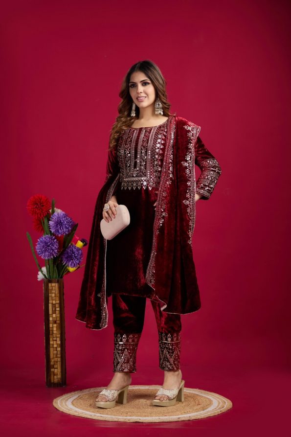 ATTRACTIVE VISCOSE VELVET EMBROIDERY WORK TOP BOTTOM WITH DUPPATTA