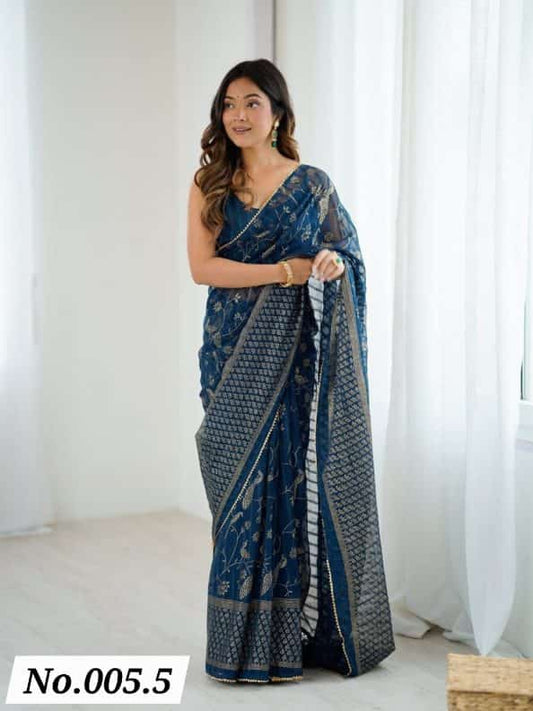 MODERN GEORGETTE PATTA FOIL WITH LACE & ZALAR WORK SAREE WITH UNSTITCHED BLOUSE - TEAL