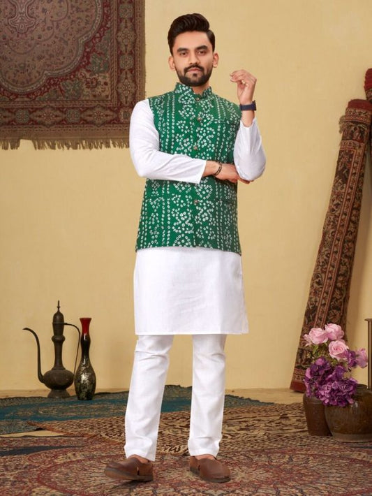 MEN’S COTTON BANDHANI PRINT WORK KURTA PYJAMA JACKET- GREEN