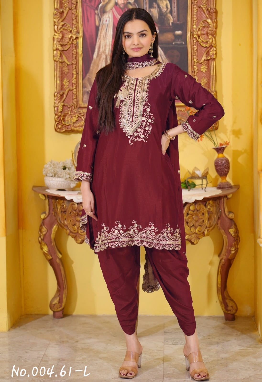 BEAUTIFUL CHINON EMBROIDERY SEQUENCE WORK DHOTI SUIT