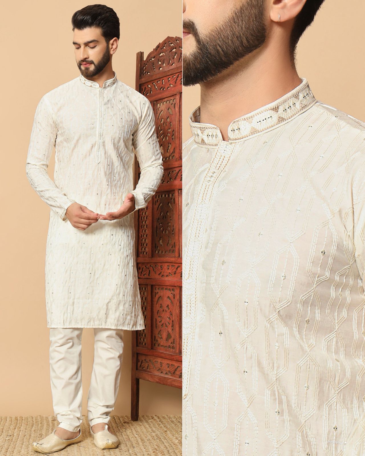 MEN'S KURTA PYJAMA - EMBROIDERY - WHITE