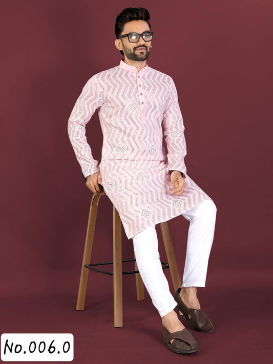 MEN’S KURTA PYJAMA -EMBROIDERY WITH SILVER SEQUENCE- LIGHT PINK
