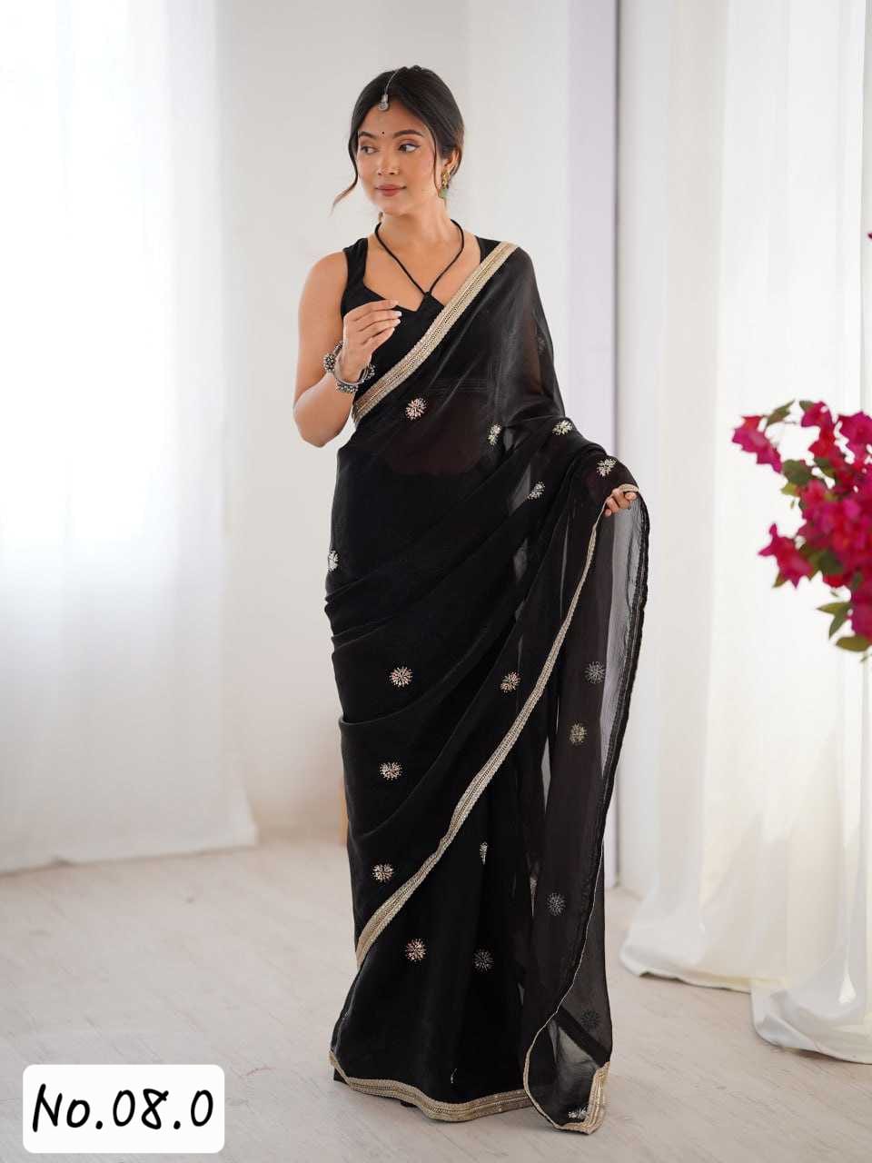 PARTY WEAR BLACK SAREE WITH READY TO WEAR BLOUSE