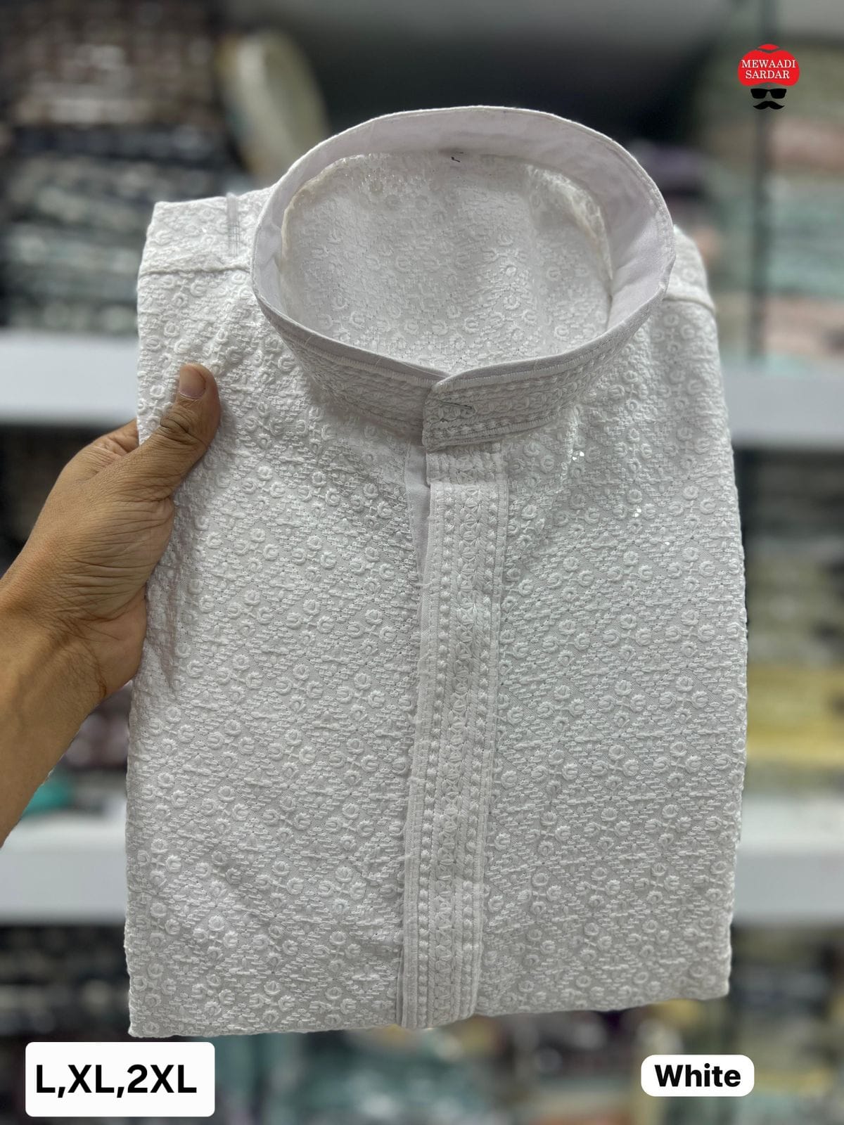 MEN’S KURTA PYJAMA CHIKAN WORK HEAVY RAYON - WHITE