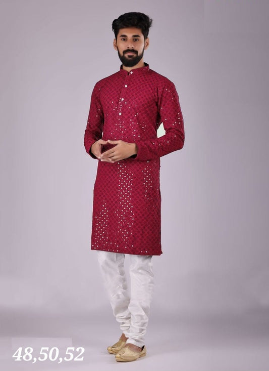 MEN’S KURTA PYJAMA SEQUENCE WORK - MARRON