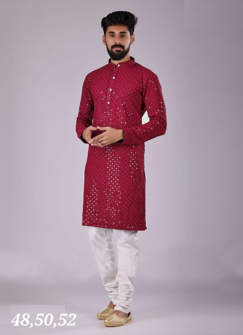 MEN’S KURTA PYJAMA SEQUENCE WORK - MARRON