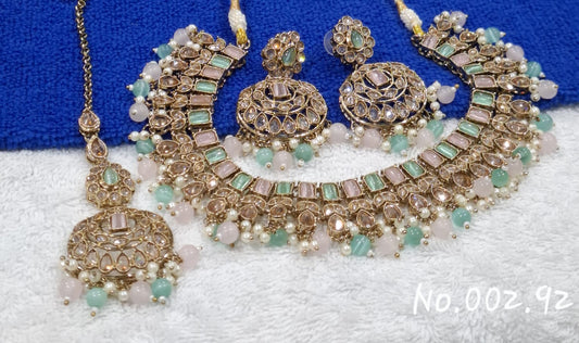 TRENDY BEAUTIFUL PINK / MINT NECKLACE WITH EARRING AND TIKA