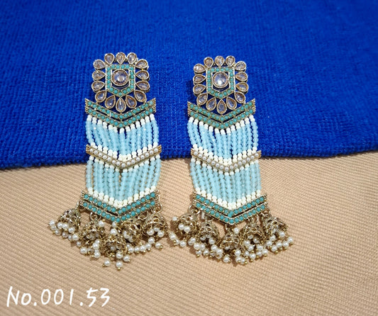 BEAUTIFUL LONG POLKI EARRING - SKY BLUE