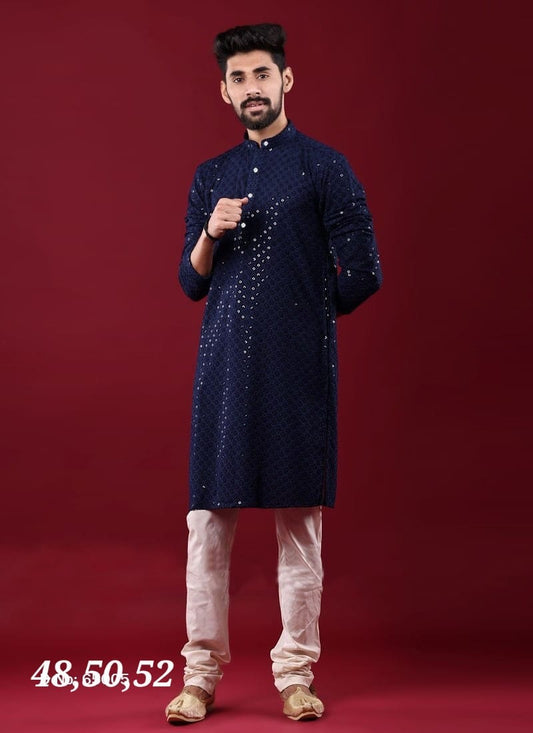 MEN’S KURTA PYJAMA SEQUENCE WORK - NAVY BLUE