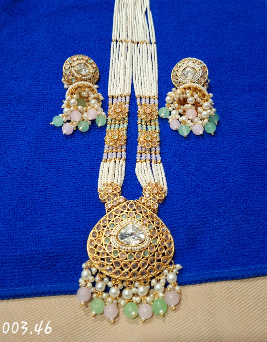 HEAVY LONG NECKLACE WITH JHUMKI - MINT AND PINK