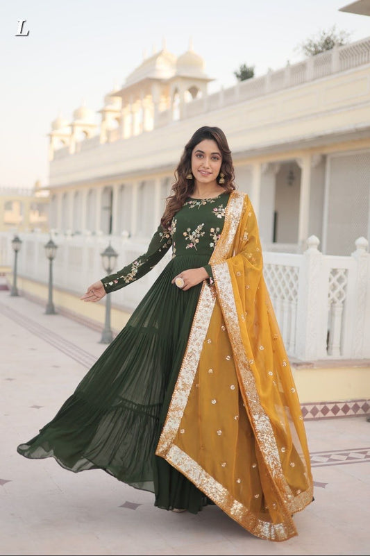 FAUX GEORGETTE GOWN AND DUPPATTA WITH EMBROIDERY WORK