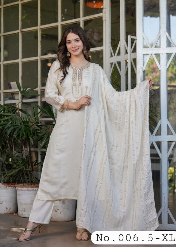 FASHIONABLE CHANDERI SILK EMBROIDERY SEQUENCE CODING WORK TOP BOTTOM WITH DUPPATTA