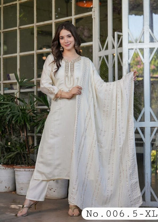 FASHIONABLE CHANDERI SILK EMBROIDERY SEQUENCE CODING WORK TOP BOTTOM WITH DUPPATTA