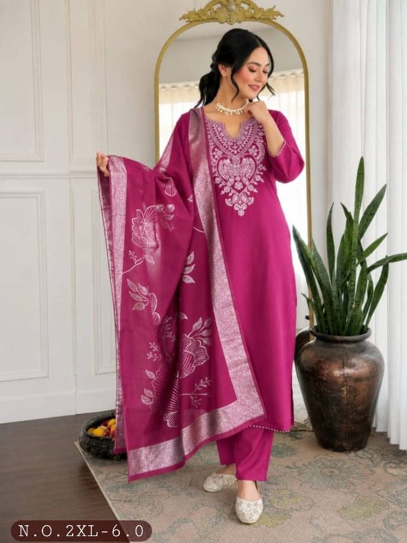 MODERN SLUB COTTON EMBROIDERY WORK TOP BOTTOM WITH DUPPATTA
