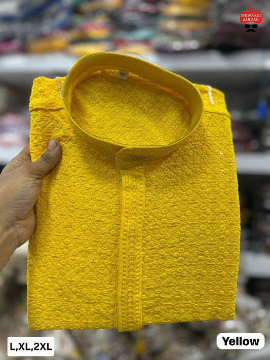 MEN’S KURTA PYJAMA CHIKAN WORK HEAVY RAYON - YELLOW