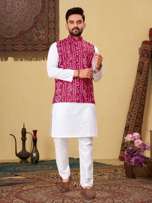 MEN’S COTTON BANDHANI PRINT WORK KURTA PYJAMA JACKET