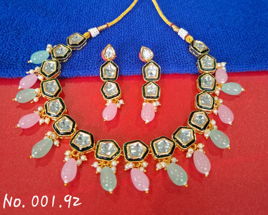 KUNDAN MINT PINK COLOUR NECKLACE WITH HEAVY EARRING