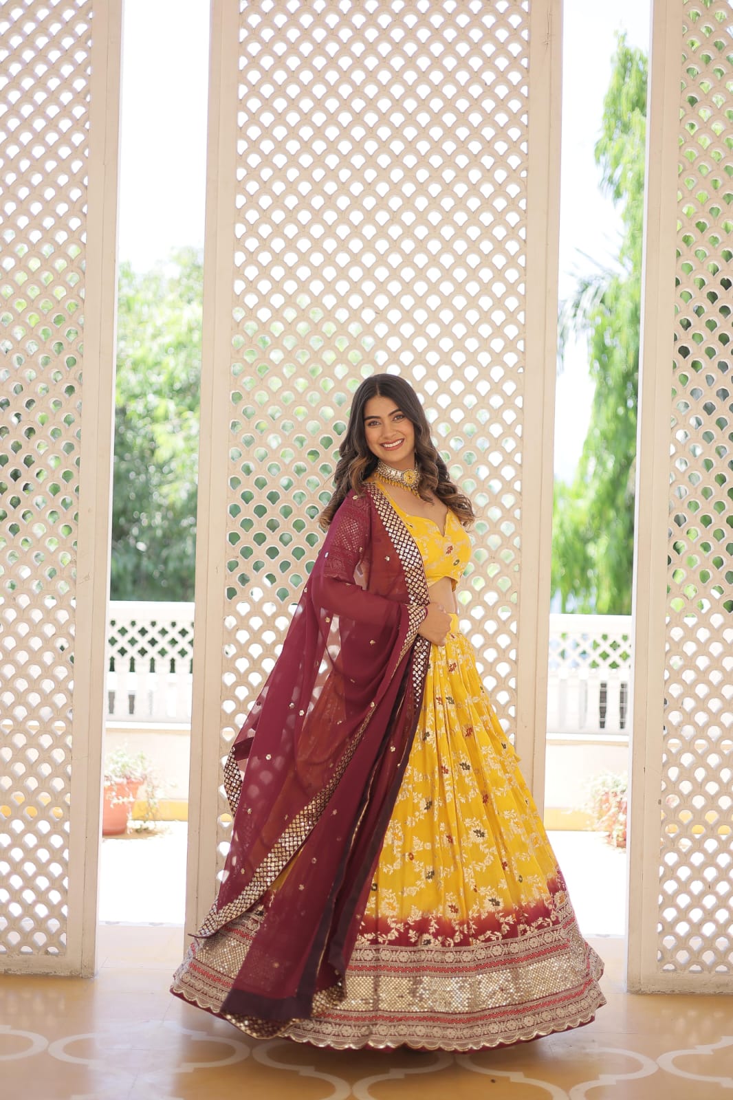 BEAUTIFUL PARTY WEAR FULLY STITCHED LEHENGA - YELLOW AND WINE