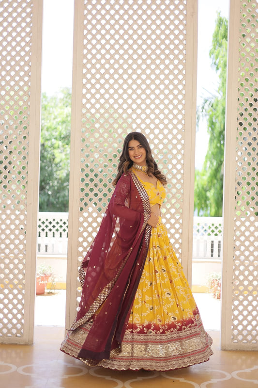 BEAUTIFUL PARTY WEAR FULLY STITCHED LEHENGA - YELLOW AND WINE
