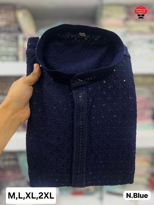 MEN’S KURTA PYJAMA CHIKAN WORK HEAVY RAYON - NAVY BLUE