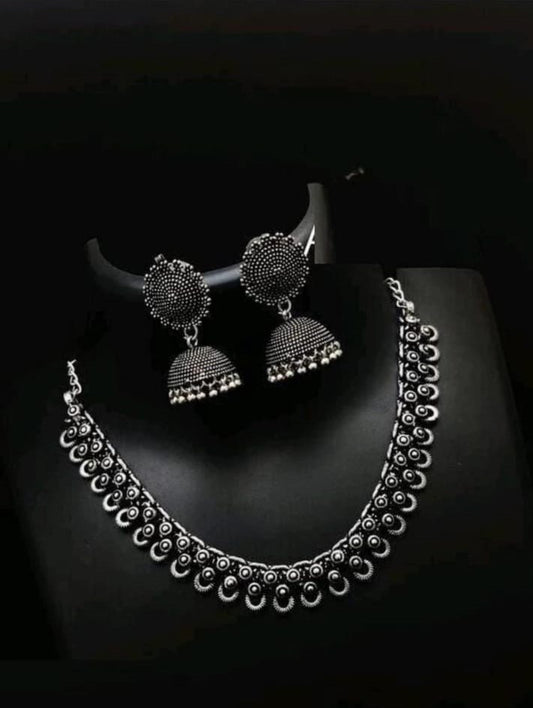 OXIDISED SILVER  CHOKER WITH JHUMKI