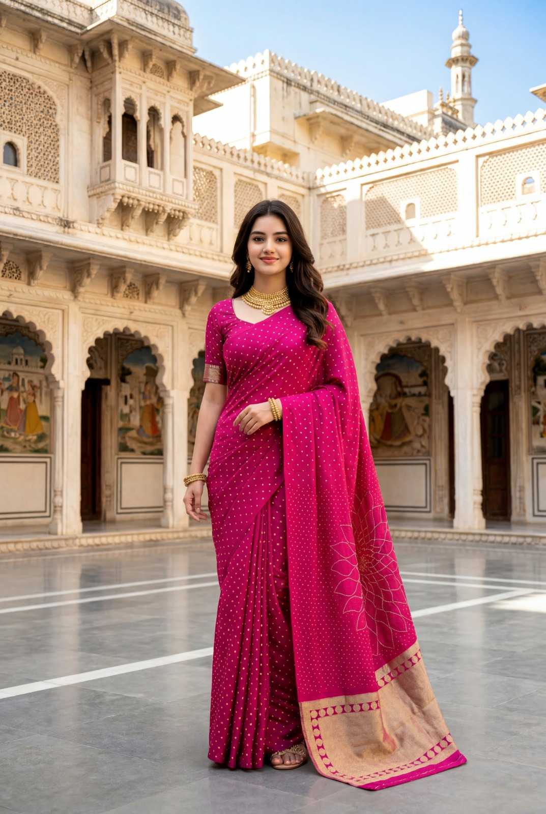 BANDHANI PRINT SAREE WITH STITCHED BLOUSE