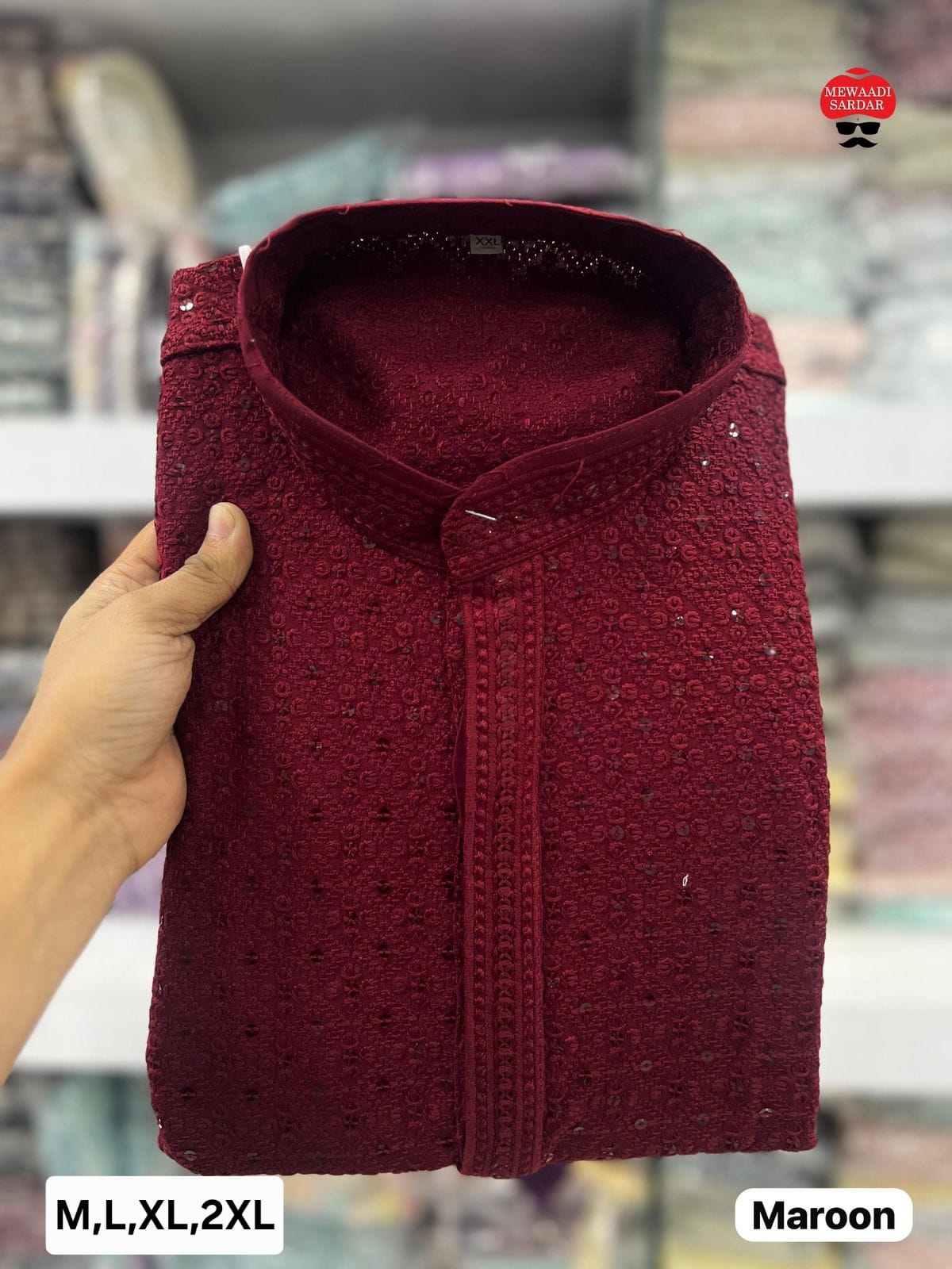 MEN’S KURTA PYJAMA CHIKAN WORK HEAVY RAYON - MARRON