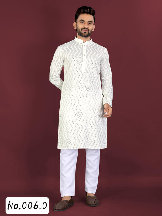 MEN’S KURTA PYJAMA -EMBROIDERY WITH SILVER SEQUENCE- WHITE - SLIM FIT