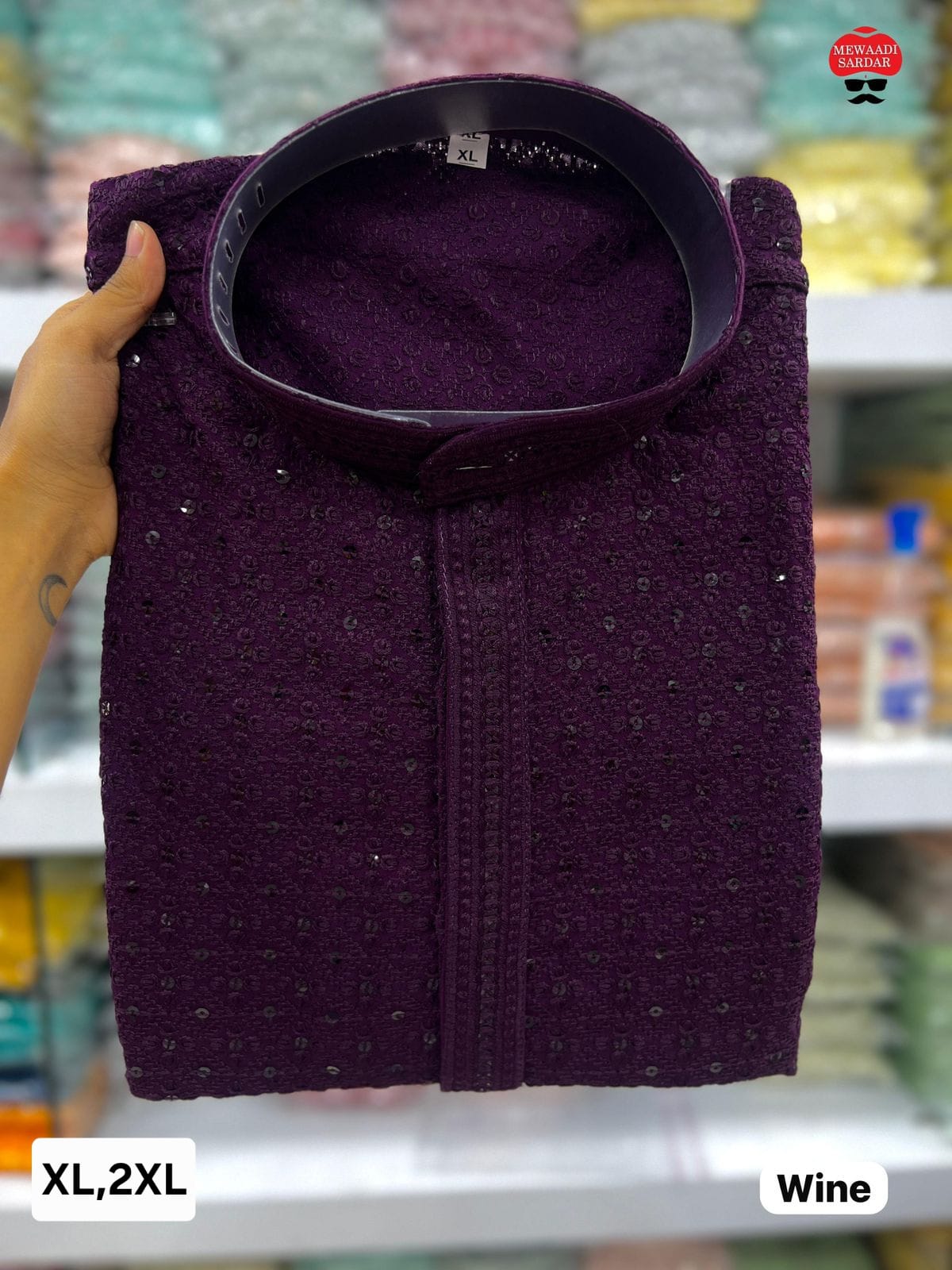 MEN’S KURTA PYJAMA CHIKAN WORK HEAVY RAYON - WINE