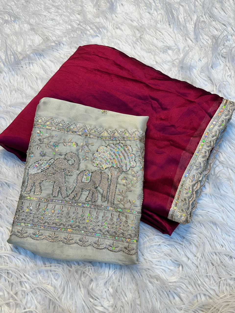 DESIGNER SAREE WITH STITCHED BLOUSE - MAROON