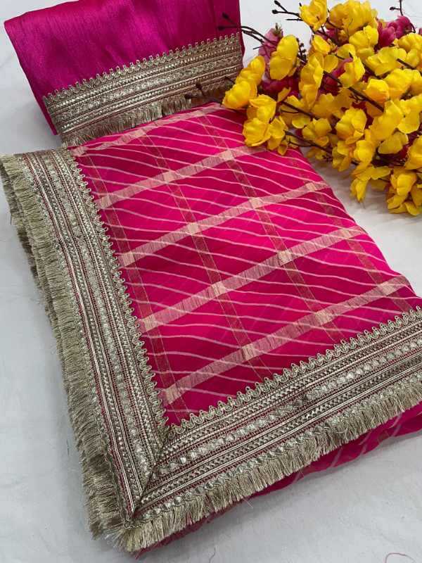 HEAVY LEHRIYA SAREE WITH STITCHED BLOUSE - PINK