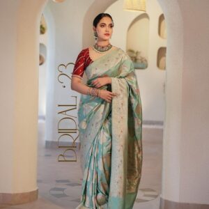 DESIGNER BANARASI SOFT SILK WITH GOLD ZARI WEAVING WORK SAREE WITH PRE-STTICHED BLOUSE