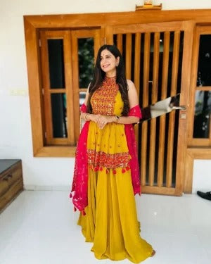 PARTY WEAR MUSTARD SHARARA WITH NET DUPPATTA
