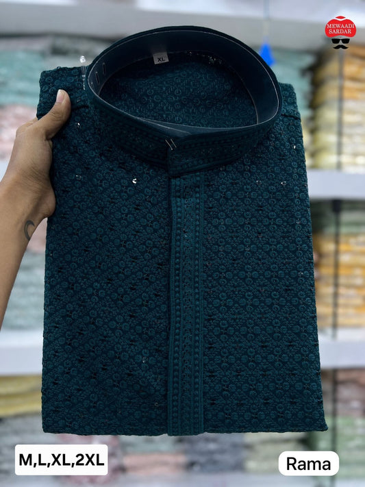 MEN’S KURTA PYJAMA CHIKAN WORK HEAVY RAYON - TEAL