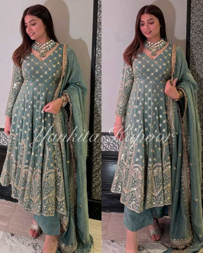 DESIGNER GEORGETTE EMBROIDERY SEQUENCE WORK GOWN BOTTOM WITH DUPATTA- SEA BLUE
