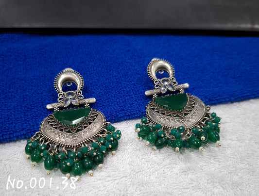 GERMAN SILVER STATEMENT EARRING - GREEN