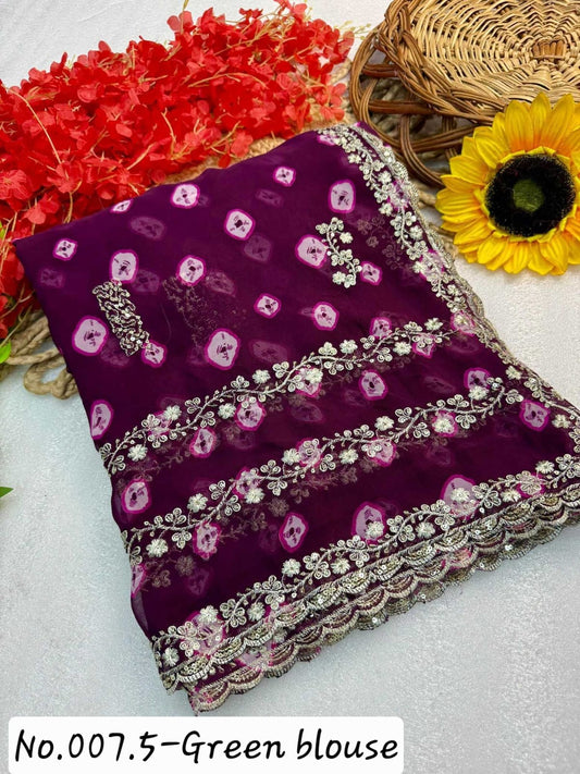 CHIFFON SAREE WITH GREEN PRE-STITCHED BLOUSE