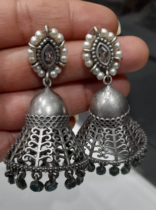 OXIDISED LONG SILVER  EARRING