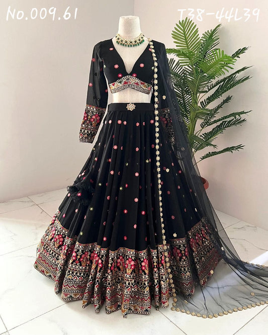 RECEPTION WEAR EMBROIDERY WORK FULLY STITCHED LEHENGA- BLACK