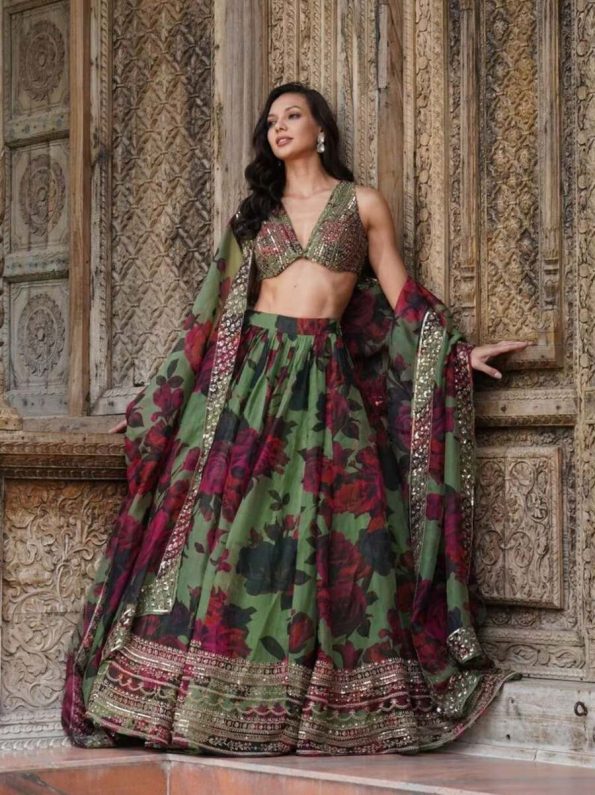 RICH LOOK TABBY ORGANZA DIGITAL PRINTED THREAD SEQUENCE WORK LEHENGA CHOLI WITH DUPPATTA - FULLY STITCHED