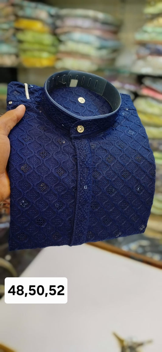 MEN’S KURTA PYJAMA REYON VISCOS SEQUENCE WORK - NAVY BLUE
